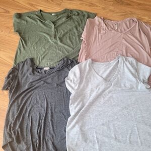 Women's V-Neck & Henley Tee Bundle - Olive, Mauve, Charcoal, Light Gray M To L